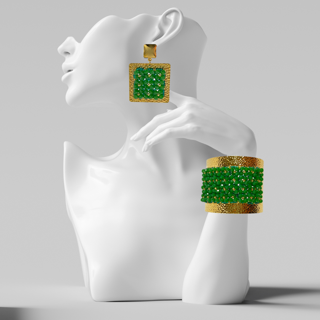 Green Wide Cuff & Drop Earring Set