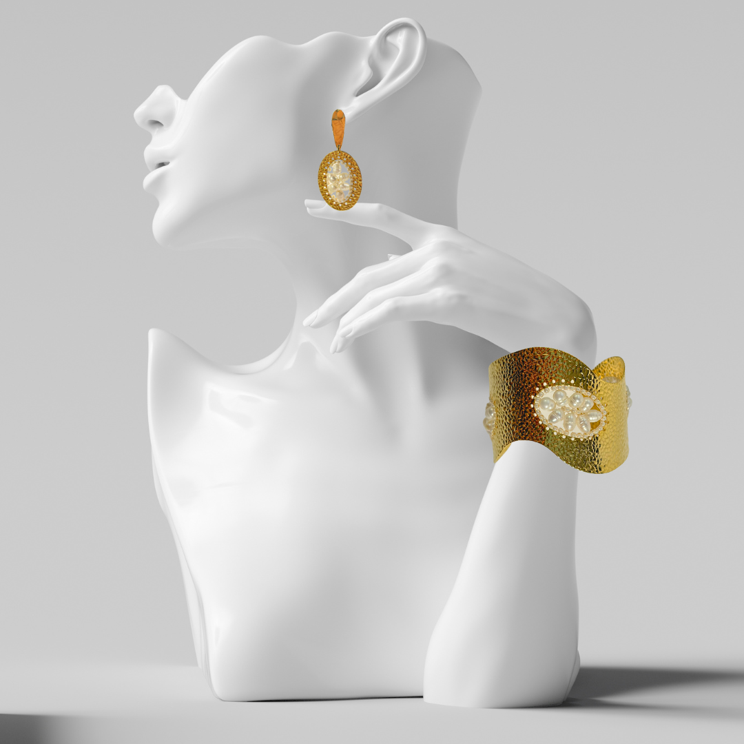 River Pearl Wide Cuff Bracelet & Earring Set