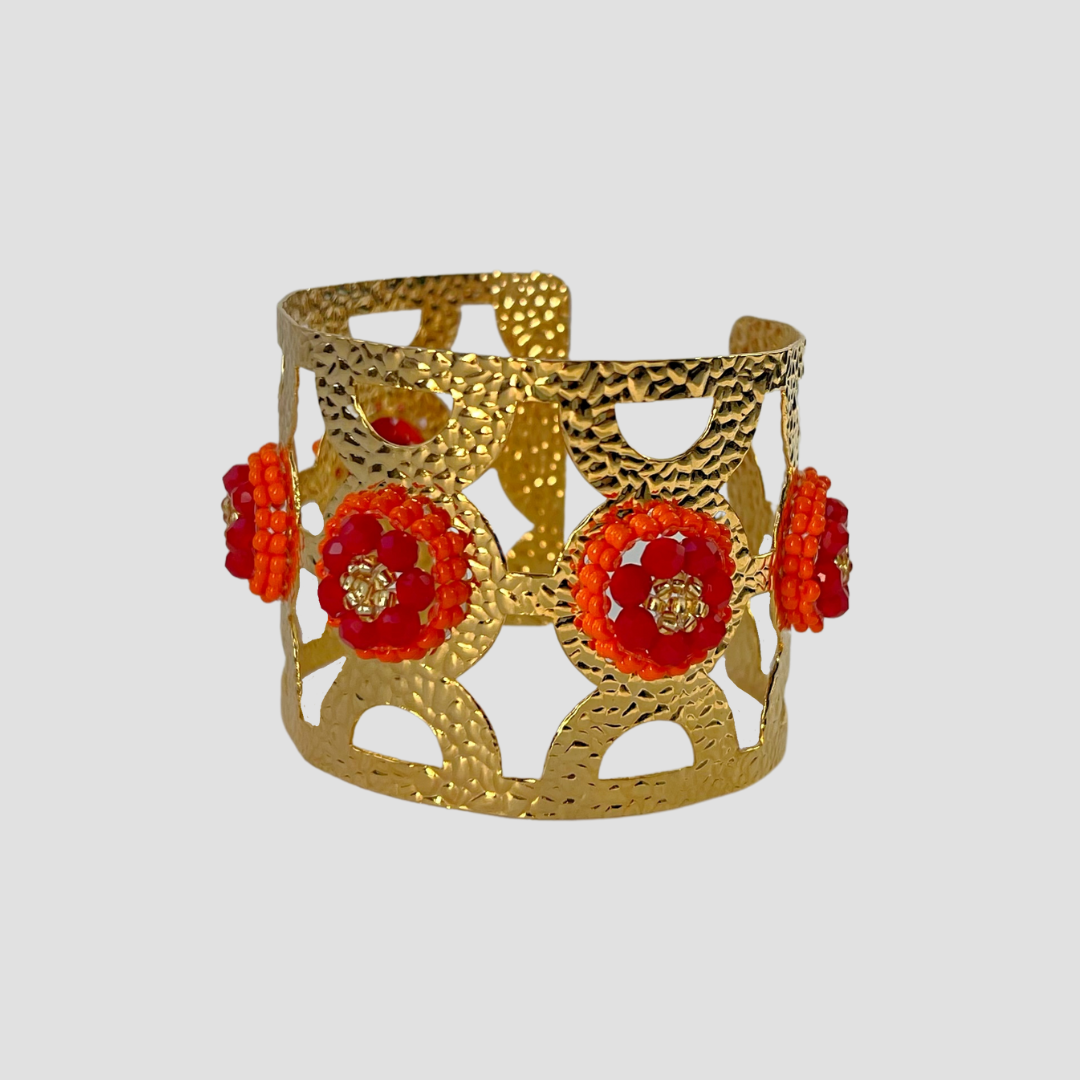Red Flower Wide Cuff & Earring Set