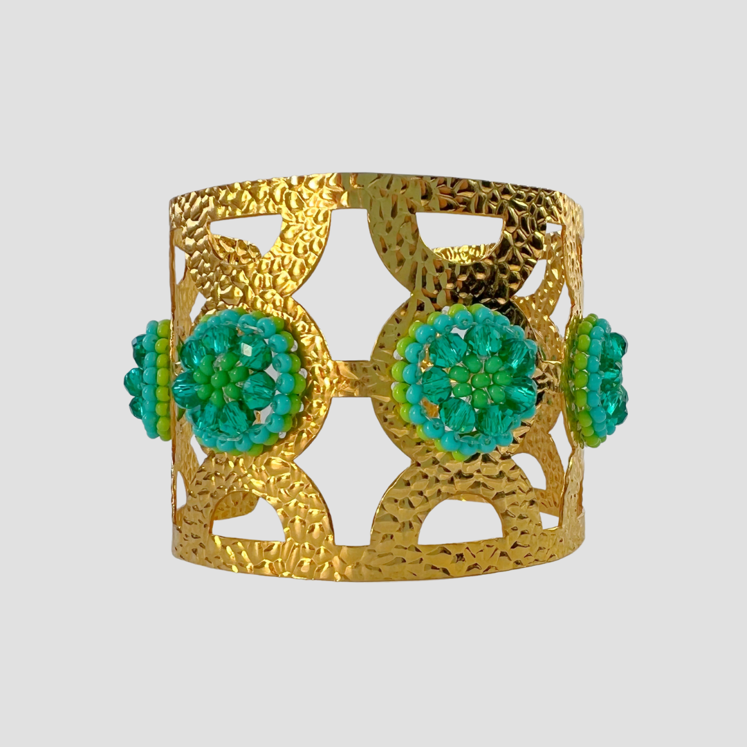 Green Flower Wide Cuff & Earring Set