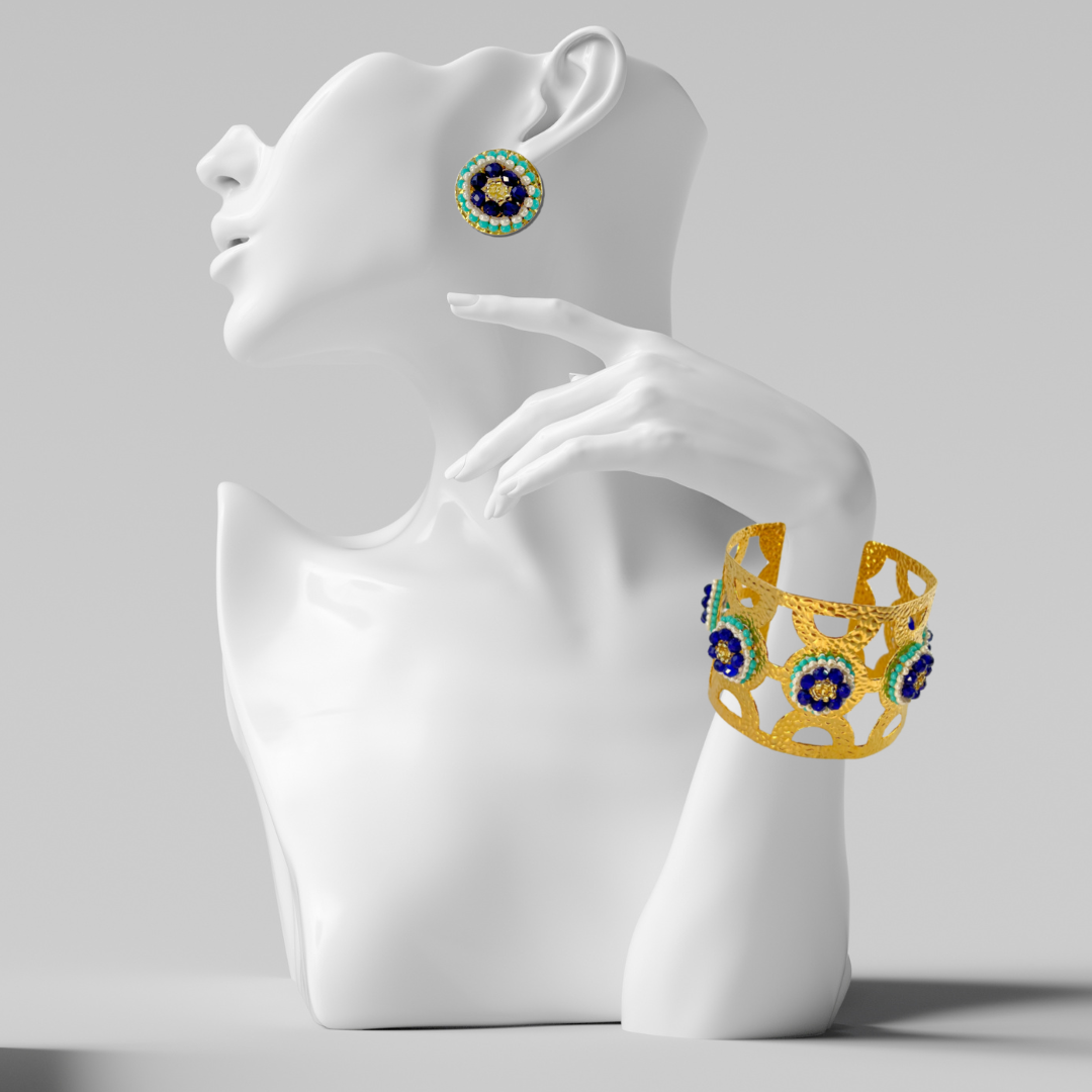 Flower Blue Wide Cuff & Earring Set