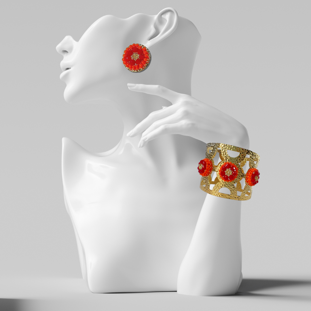 Red Flower Wide Cuff & Earring Set