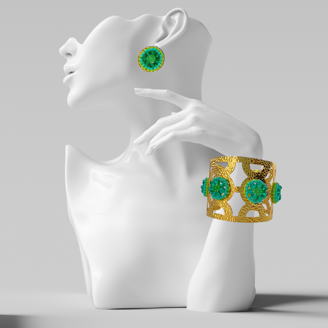 Green Flower Wide Cuff & Earring Set