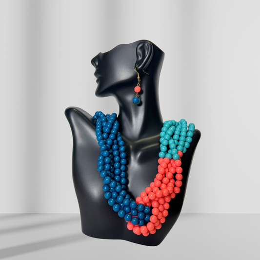 Blue & Pink Beaded Layered Necklace & Drop Earrings
