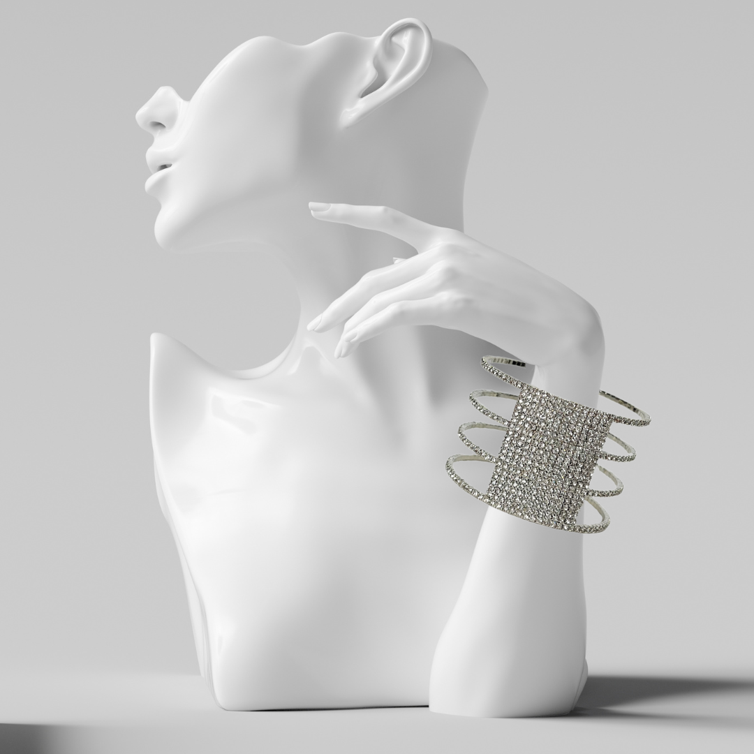 MultiLayer Four Row Silver Crystal Rhinestone Cuff Bracelet