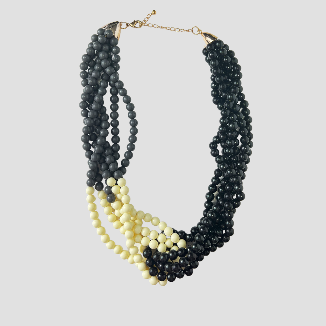 Black & White Beaded Layered Necklace & Drop Earrings