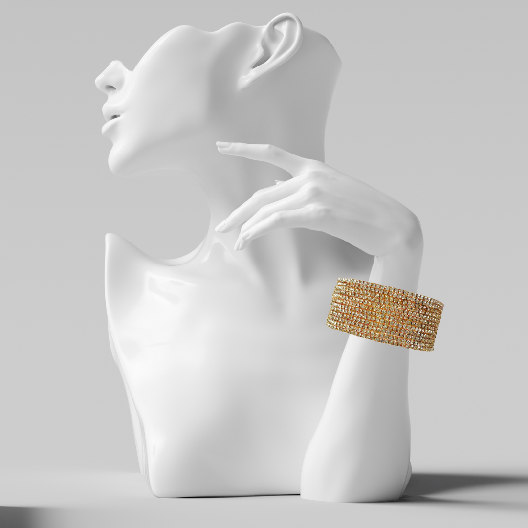 MultiLayer Twelve Row Gold Crystal Rhinestone Cuff Bracelet