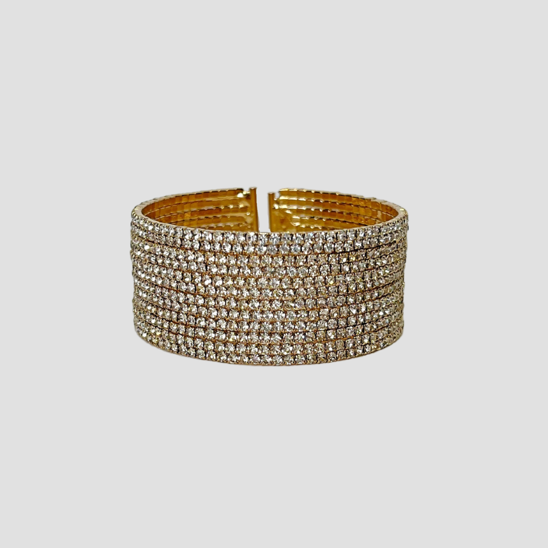 MultiLayer Twelve Row Gold Crystal Rhinestone Cuff Bracelet
