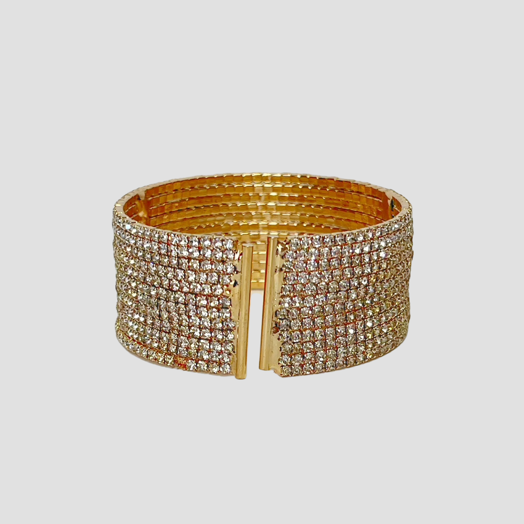 MultiLayer Twelve Row Gold Crystal Rhinestone Cuff Bracelet