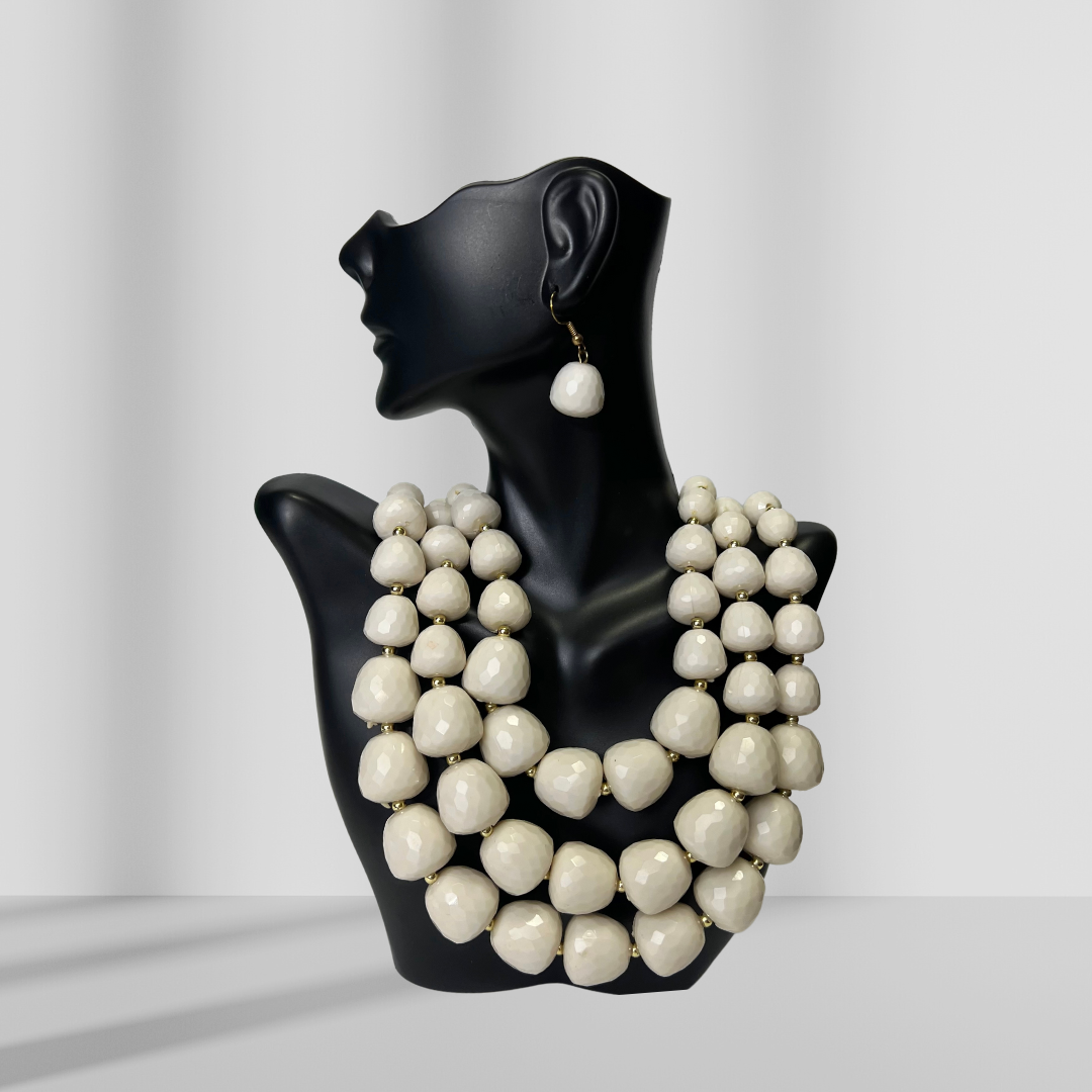 White Beaded Layered Necklace & Drop Earrings