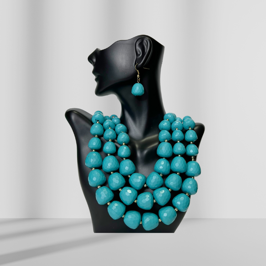 Blue Beaded Layered Necklace & Drop Earrings