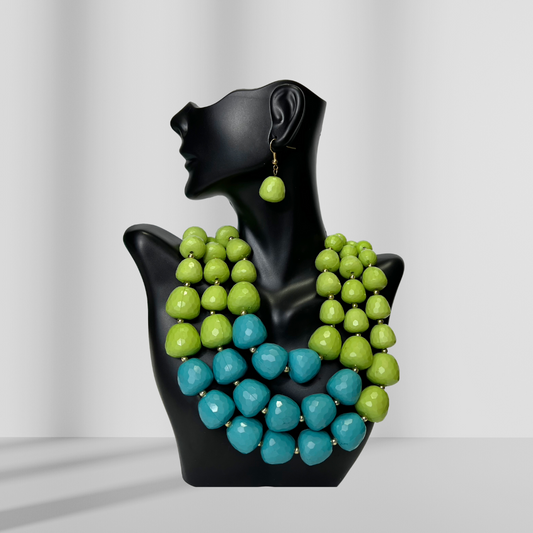 Lime Green & Blue Beaded Layered Necklace & Drop Earrings