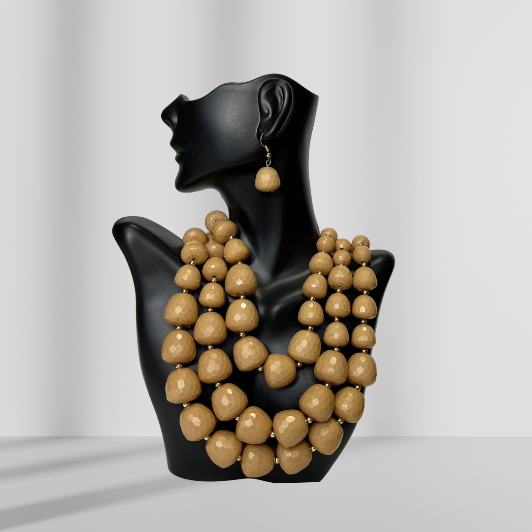 Tan Beaded Layered Necklace & Drop Earrings