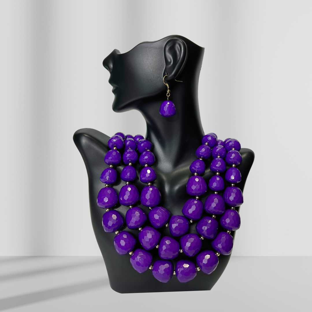 Purple Beaded Layered Necklace & Drop Earrings
