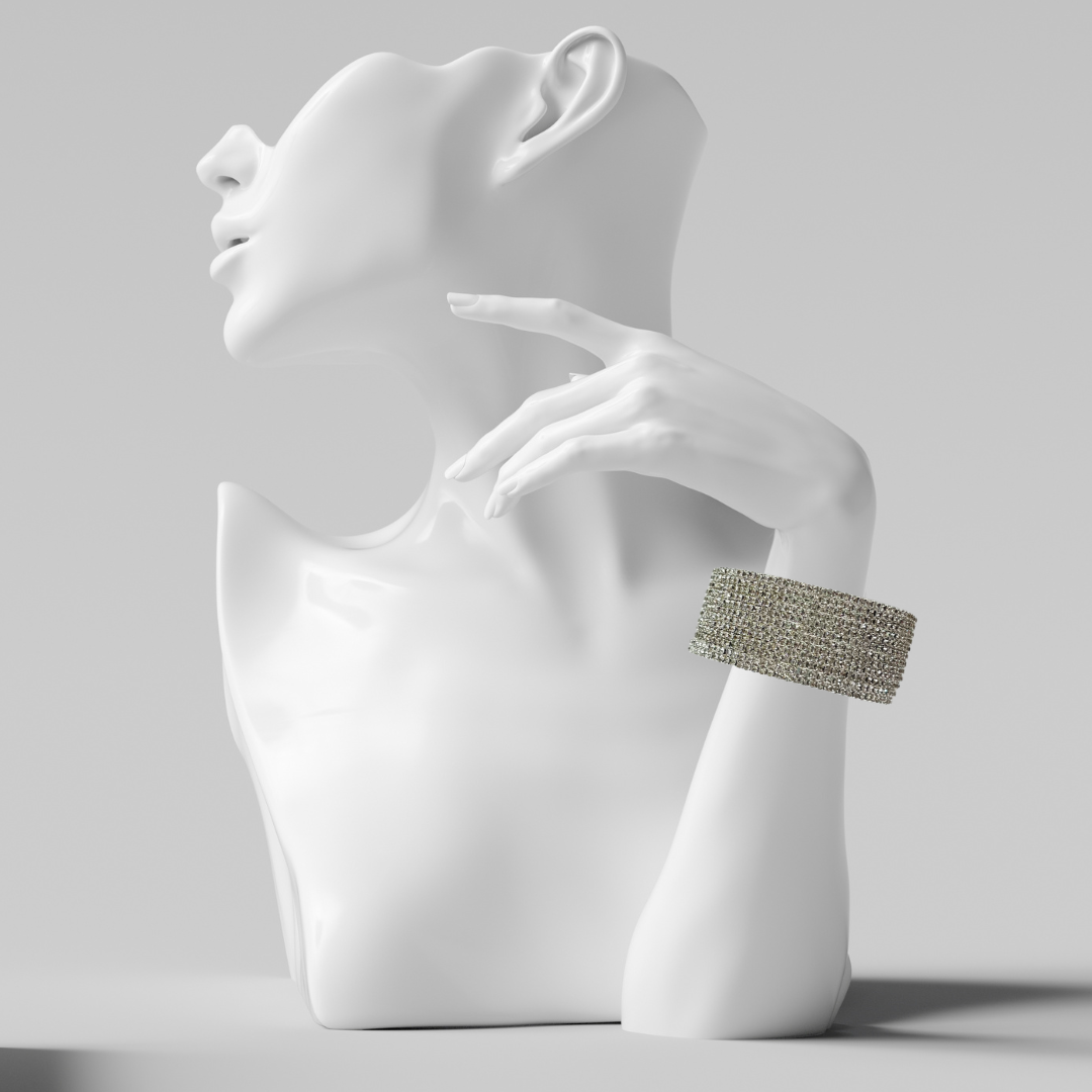 MultiLayer Twelve Row Silver Crystal Rhinestone Cuff Bracelet