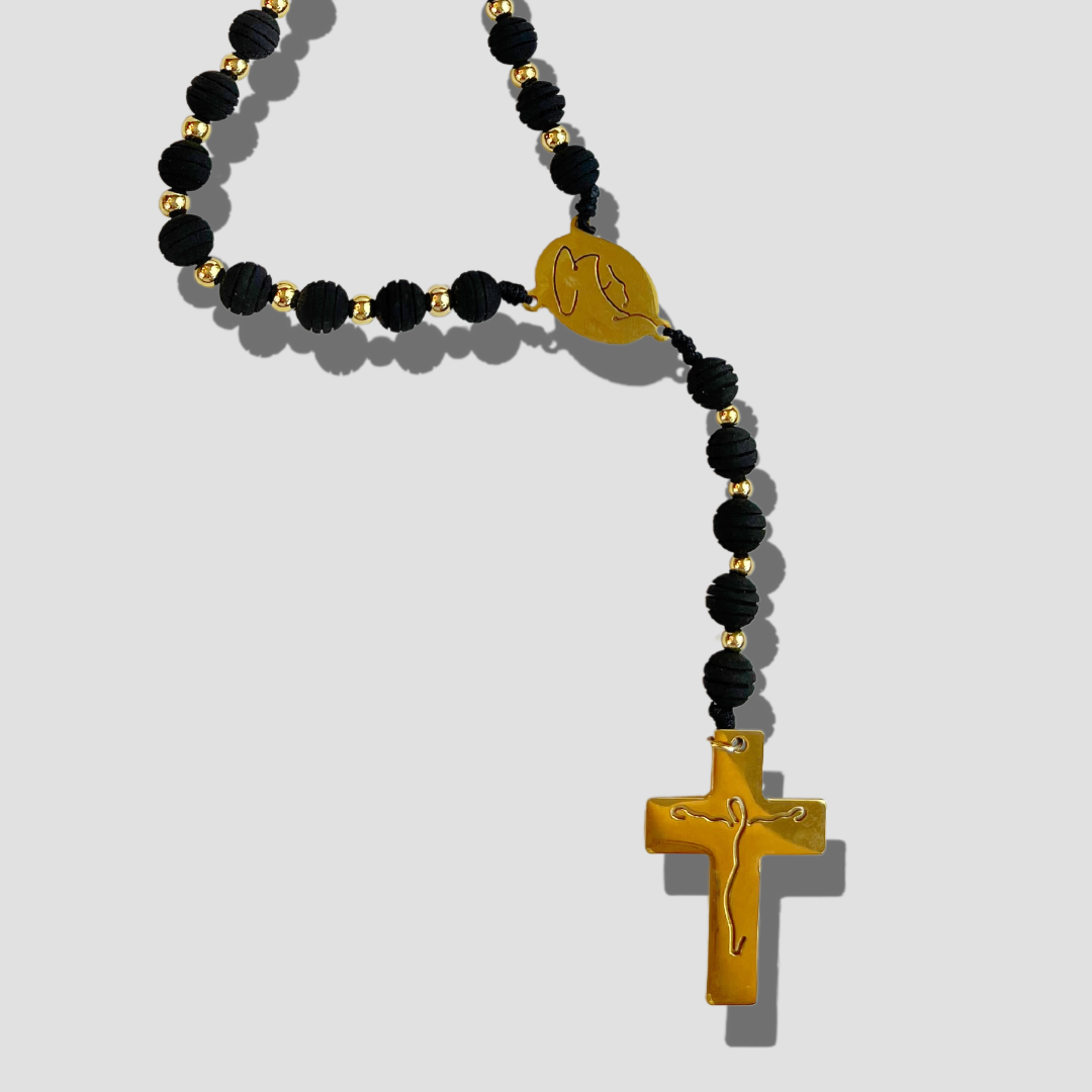 Men's Black and Gold Stainless Steel Rosario