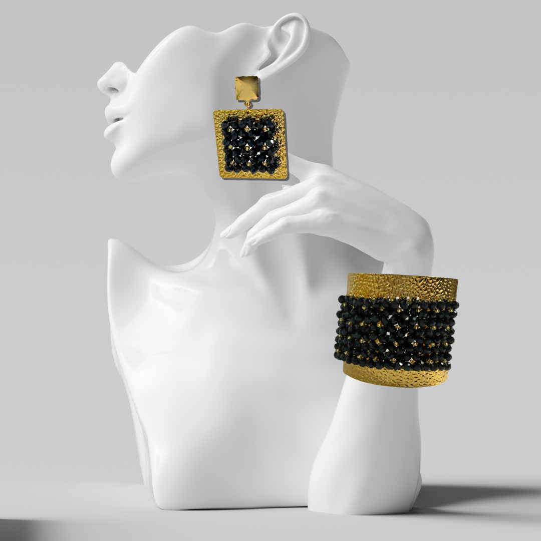 Juego de aretes y brazalete ancho negro