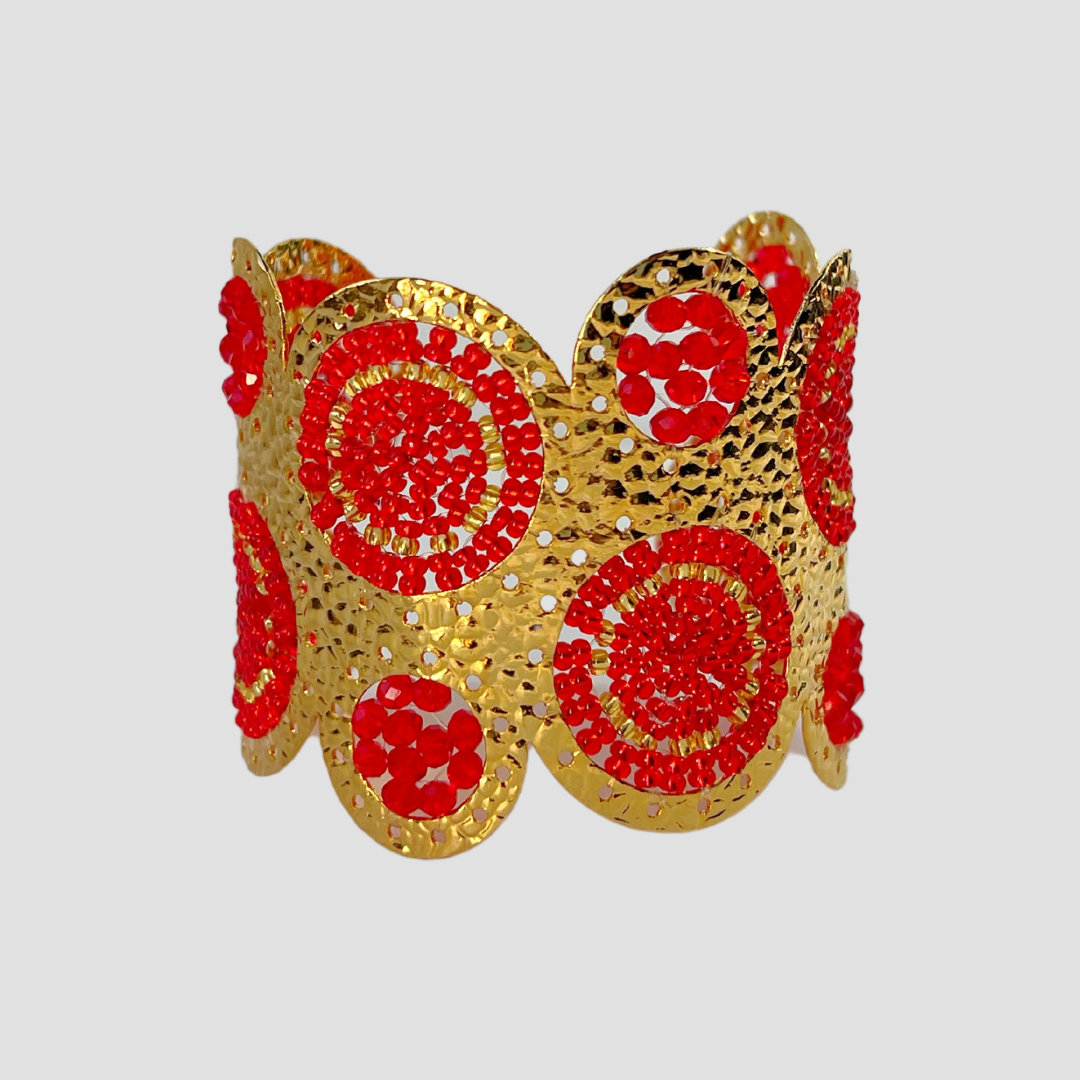 Juego de aretes y brazalete ancho rojo