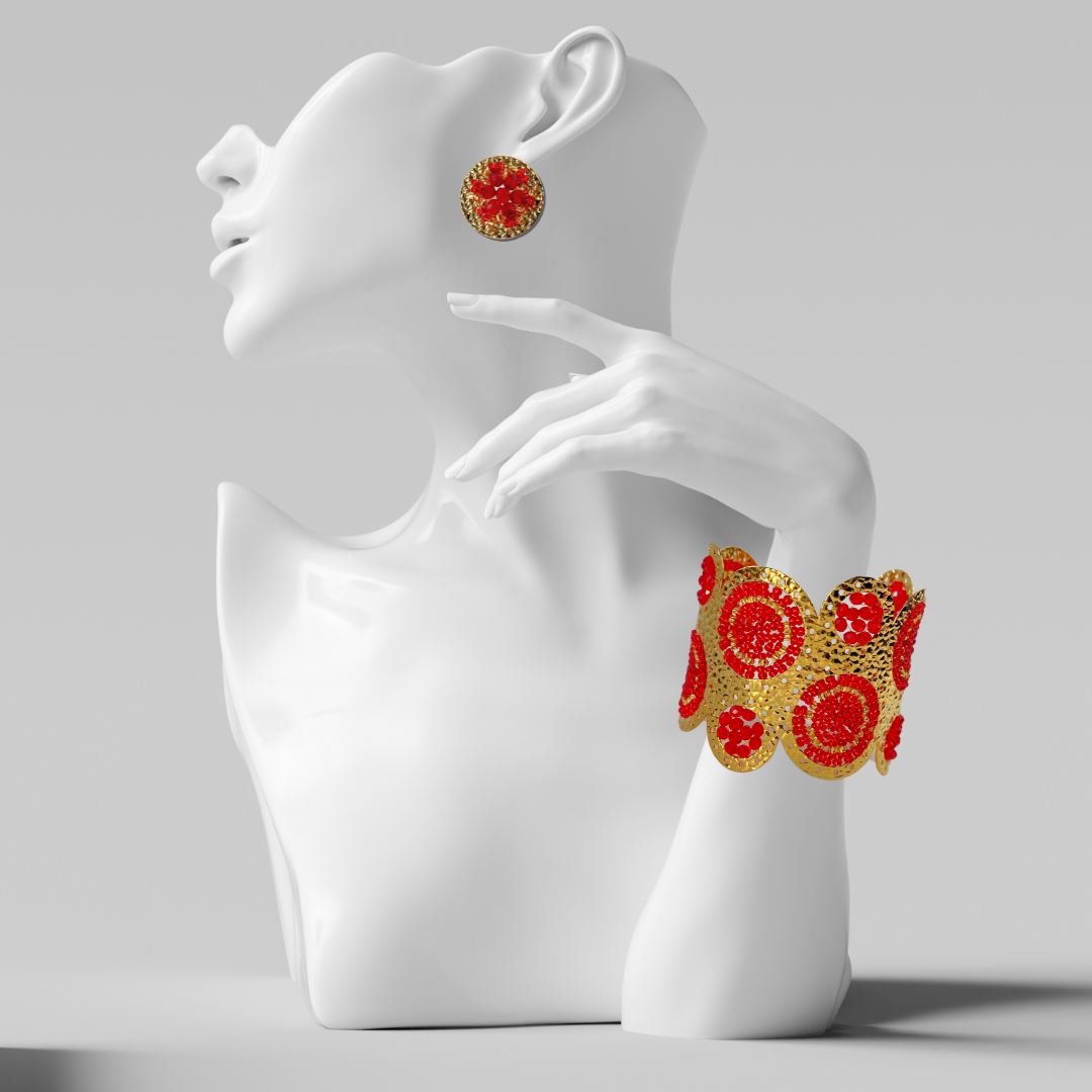 Juego de aretes y brazalete ancho rojo