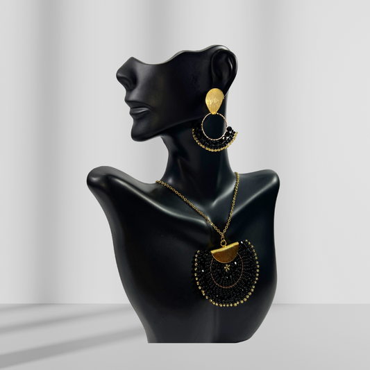 Black Fan Necklace & Earring Set