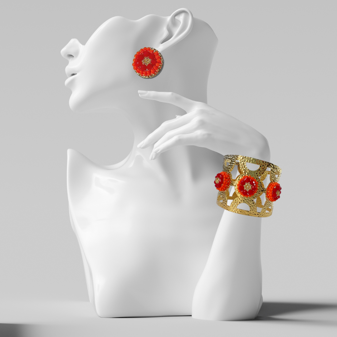 Juego de aretes y brazalete ancho con flor roja