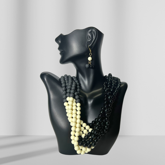 Black & White Beaded Layered Necklace & Drop Earrings