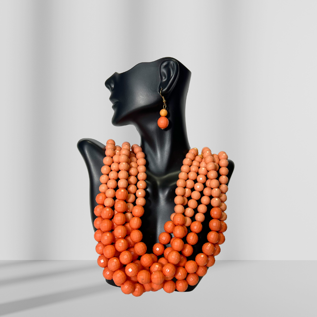 Collar en capas y aretes colgantes con cuentas en degradado naranja