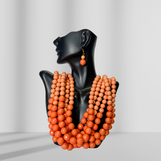 Orange Ombré Beaded Layered Necklace & Drop Earrings
