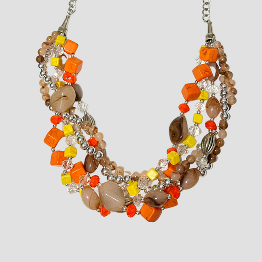 Orange Cubic Beaded Layered Necklace & Drop Earrings
