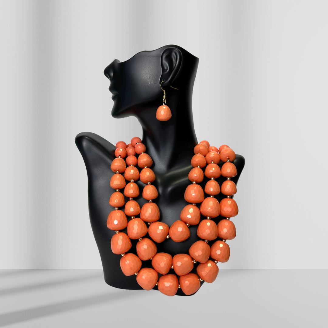 Orange Beaded Layered Necklace & Drop Earrings