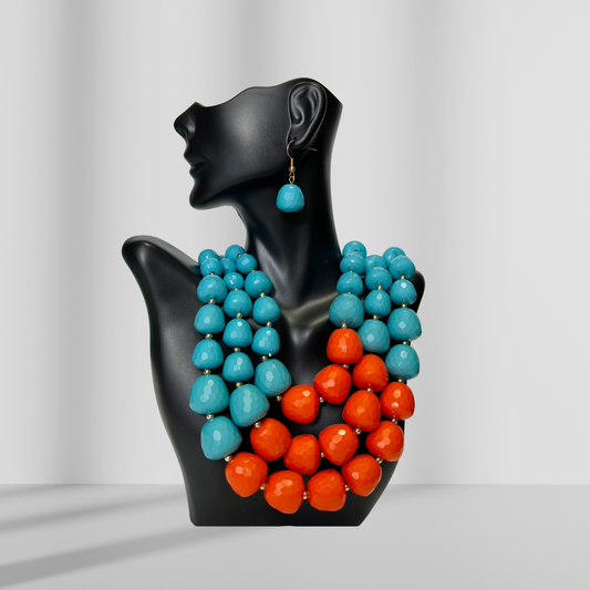 Blue & Orange Beaded Layered Necklace & Drop Earrings