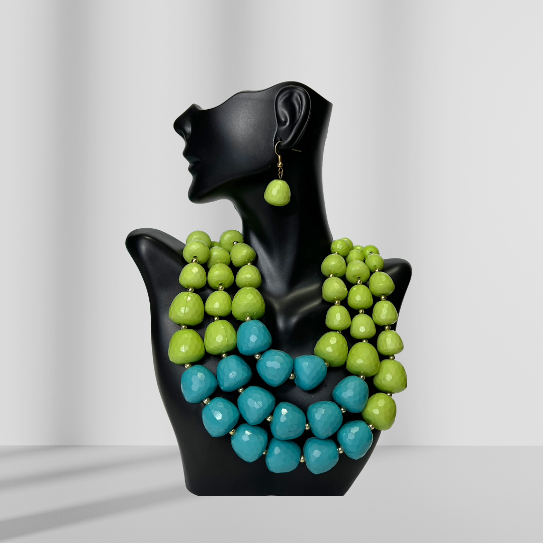 Lime Green & Blue Beaded Layered Necklace & Drop Earrings