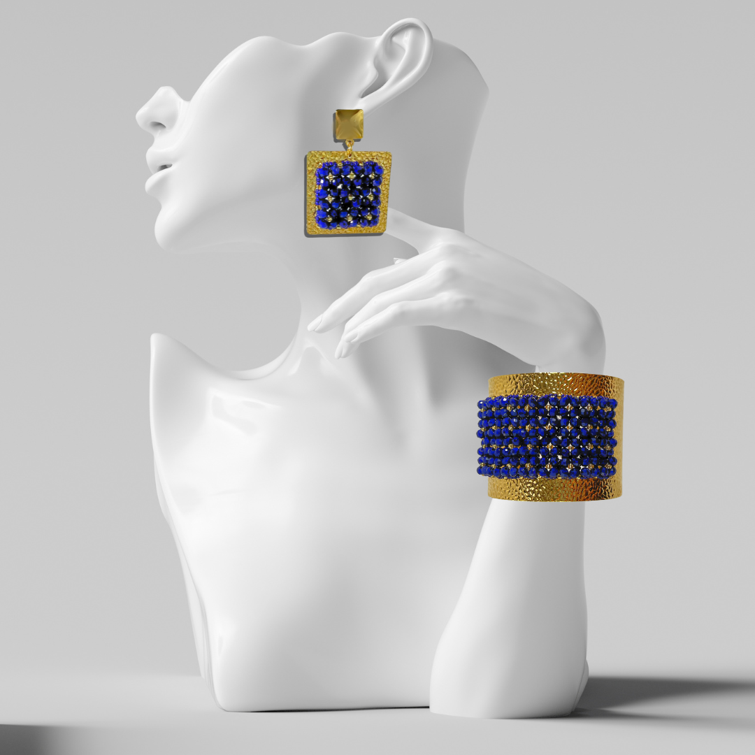 Juego de aretes y brazalete ancho azul